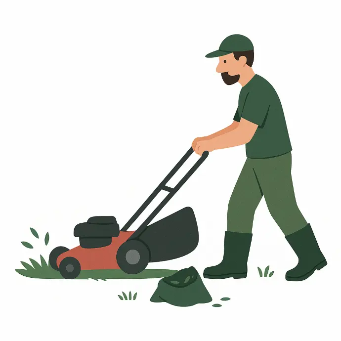 Employé poussant une tondeuse à gazon dans un jardin.