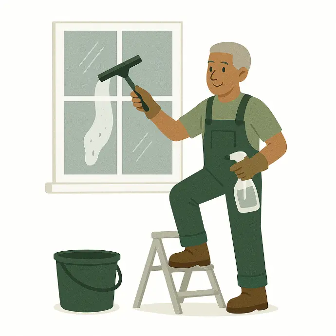 Employé effectuant le nettoyage d’une vitre intérieure.